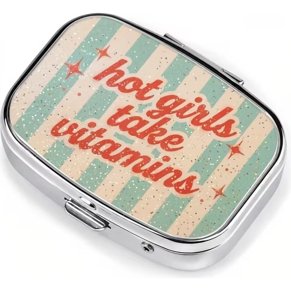 Petite boîte à pilules carrée Girls style vintage américain 2 compartiments rangement portable pour médicaments et vitamines - Bleu