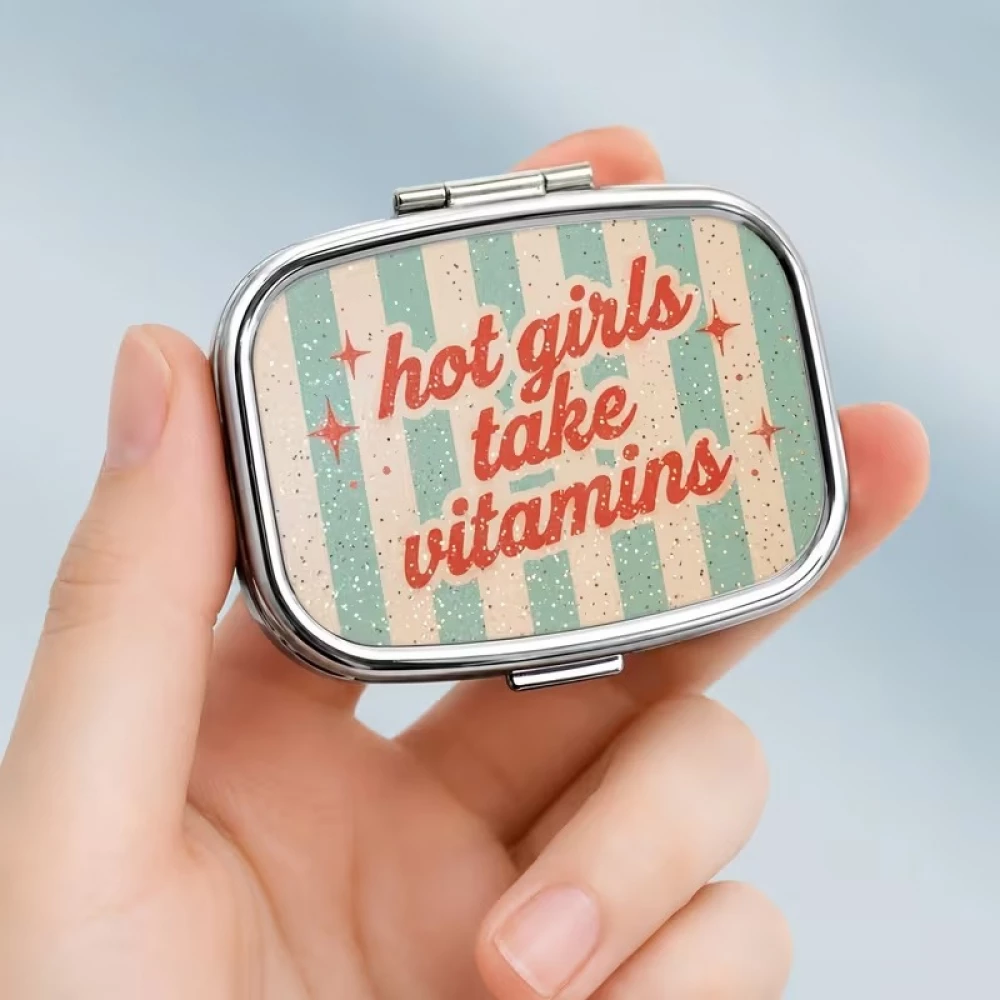 Petite boîte à pilules carrée Girls style vintage américain 2 compartiments rangement portable pour médicaments et vitamines - Bleu
