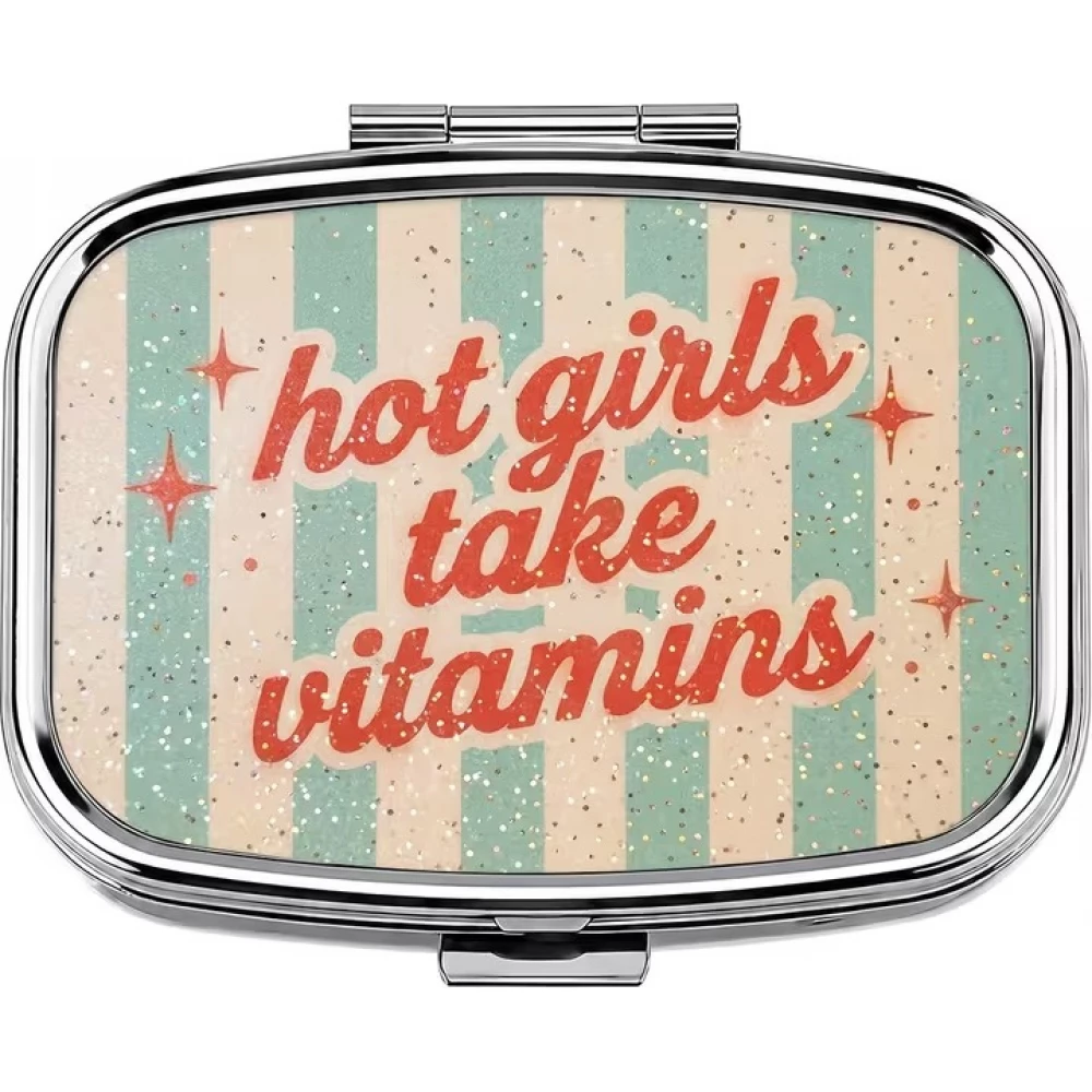 Petite boîte à pilules carrée Girls style vintage américain 2 compartiments rangement portable pour médicaments et vitamines - Bleu