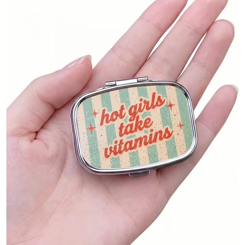 Petite boîte à pilules carrée Girls style vintage américain 2 compartiments rangement portable pour médicaments et vitamines - Bleu