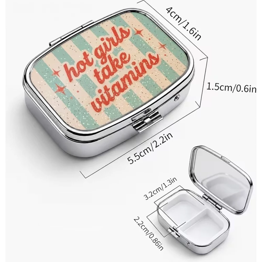 Petite boîte à pilules carrée Girls style vintage américain 2 compartiments rangement portable pour médicaments et vitamines - Bleu