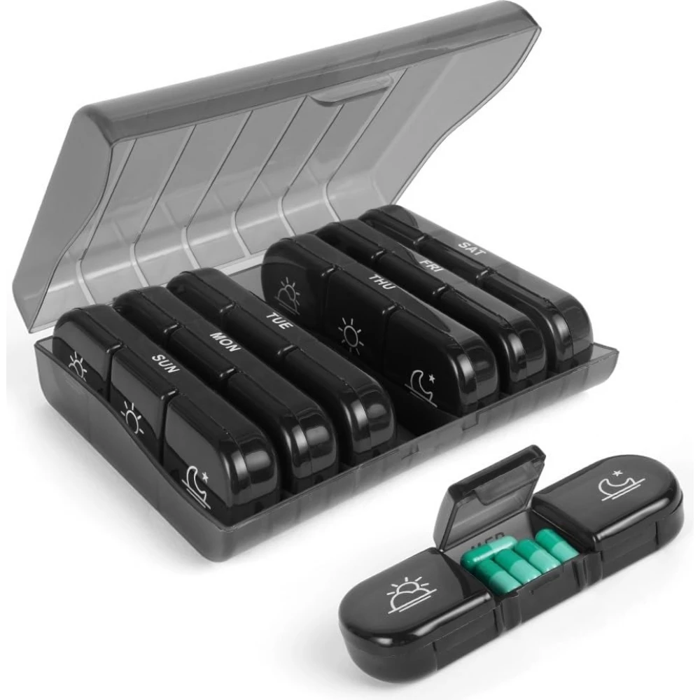 7-Tage-Pillenbox mit 3 F&auml;chern pro Tag f&uuml;r Medikamente Wochenpillendose in praktischer Kunststoff-Aufbewahrungsbox - Schwarz