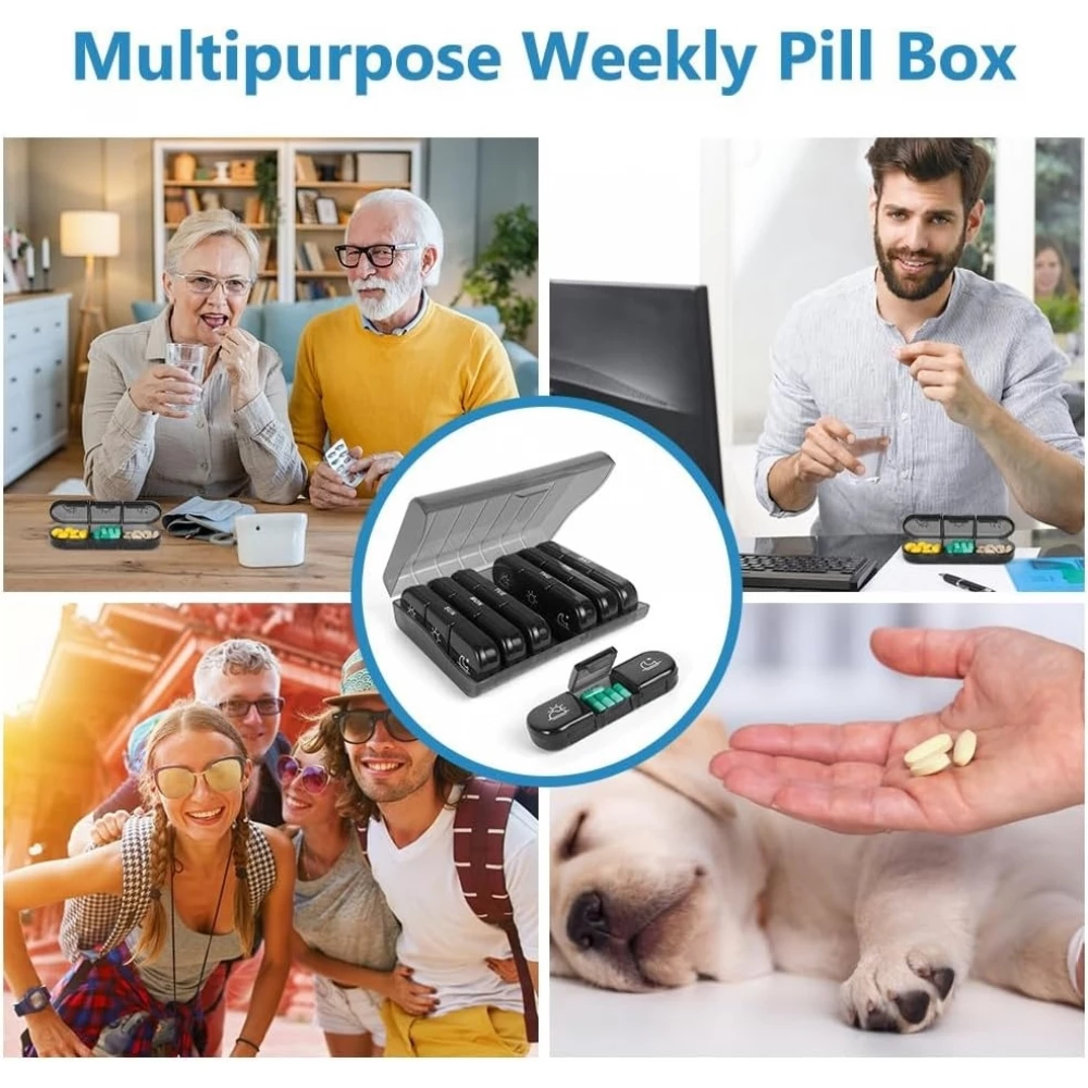 7-Tage-Pillenbox mit 3 F&auml;chern pro Tag f&uuml;r Medikamente Wochenpillendose in praktischer Kunststoff-Aufbewahrungsbox - Schwarz