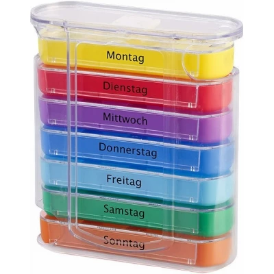 Pilulier semainier color&eacute; 7 jours avec 4 compartiments &eacute;tiquet&eacute;s par jour - Multicolore