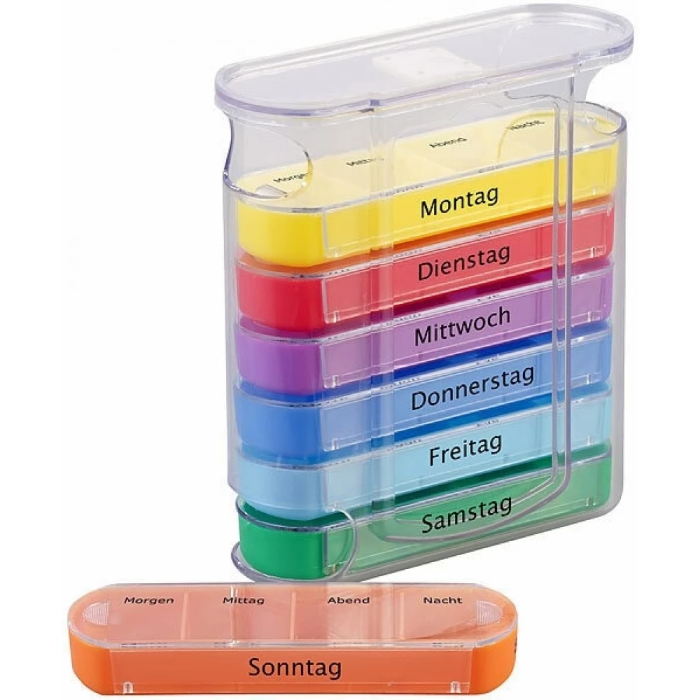 Pilulier semainier color&eacute; 7 jours avec 4 compartiments &eacute;tiquet&eacute;s par jour - Multicolore