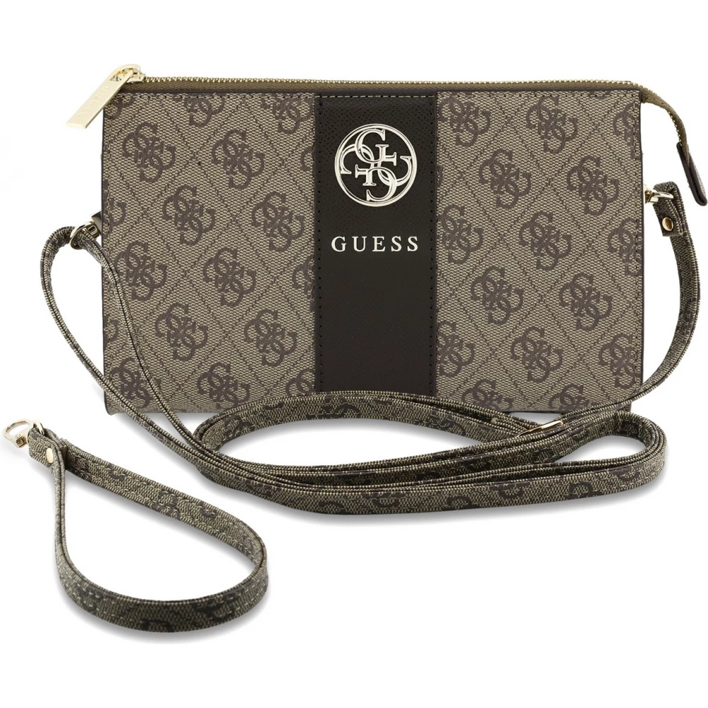 Pochette t&eacute;l&eacute;phone Guess 4G en simili cuir avec logo 4G rond et bande &agrave; logos classiques - Brun