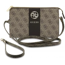 Pochette t&eacute;l&eacute;phone Guess 4G en simili cuir avec logo 4G rond et bande &agrave; logos classiques - Brun