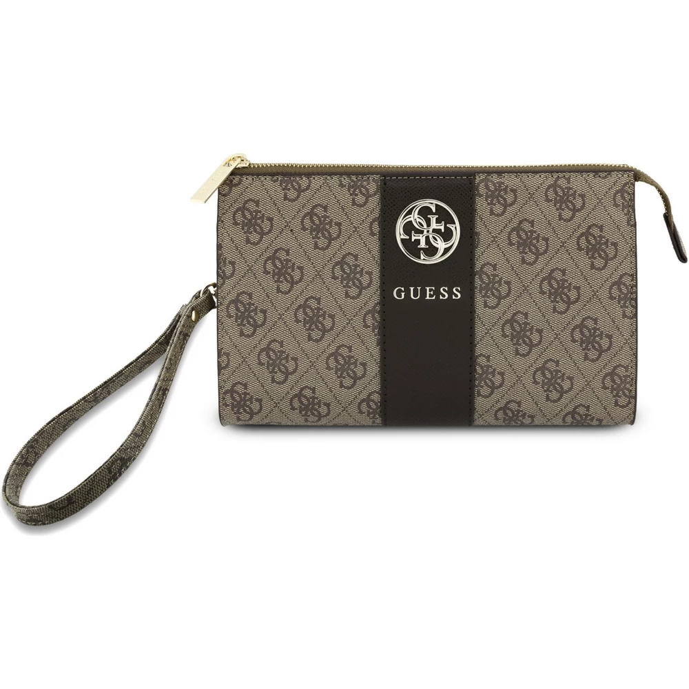Pochette t&eacute;l&eacute;phone Guess 4G en simili cuir avec logo 4G rond et bande &agrave; logos classiques - Brun