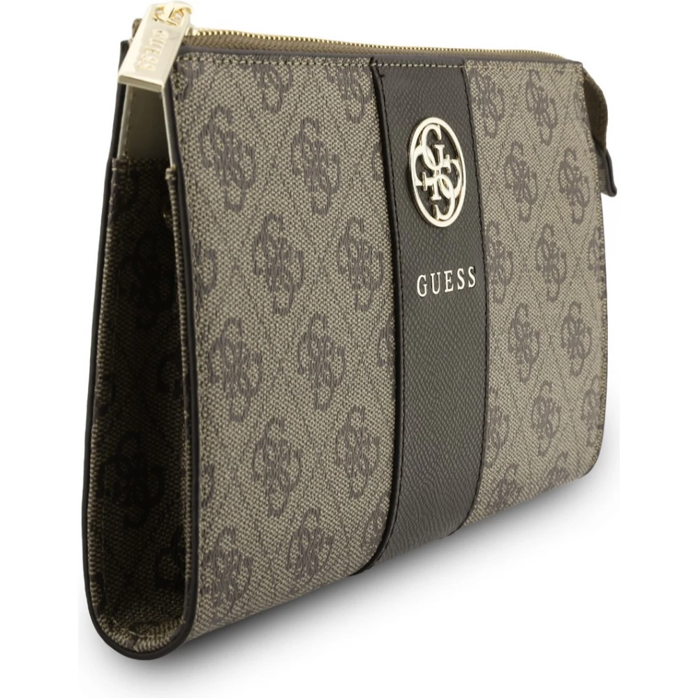 Pochette t&eacute;l&eacute;phone Guess 4G en simili cuir avec logo 4G rond et bande &agrave; logos classiques - Brun