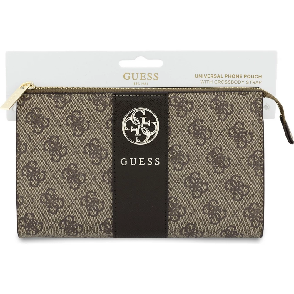 Pochette t&eacute;l&eacute;phone Guess 4G en simili cuir avec logo 4G rond et bande &agrave; logos classiques - Brun