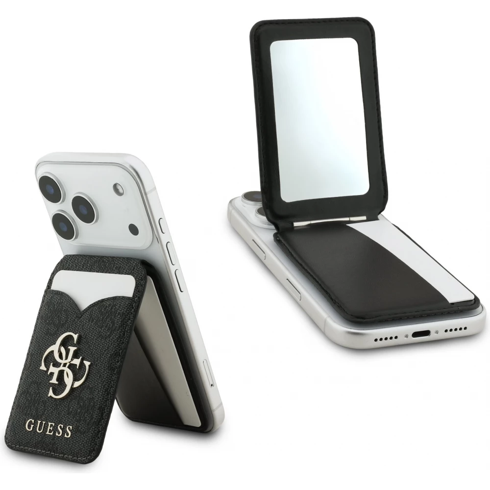 Guess 4G Metall Kartenetui MagSafe St&auml;nderfunktion mit Spiegel - Schwarz