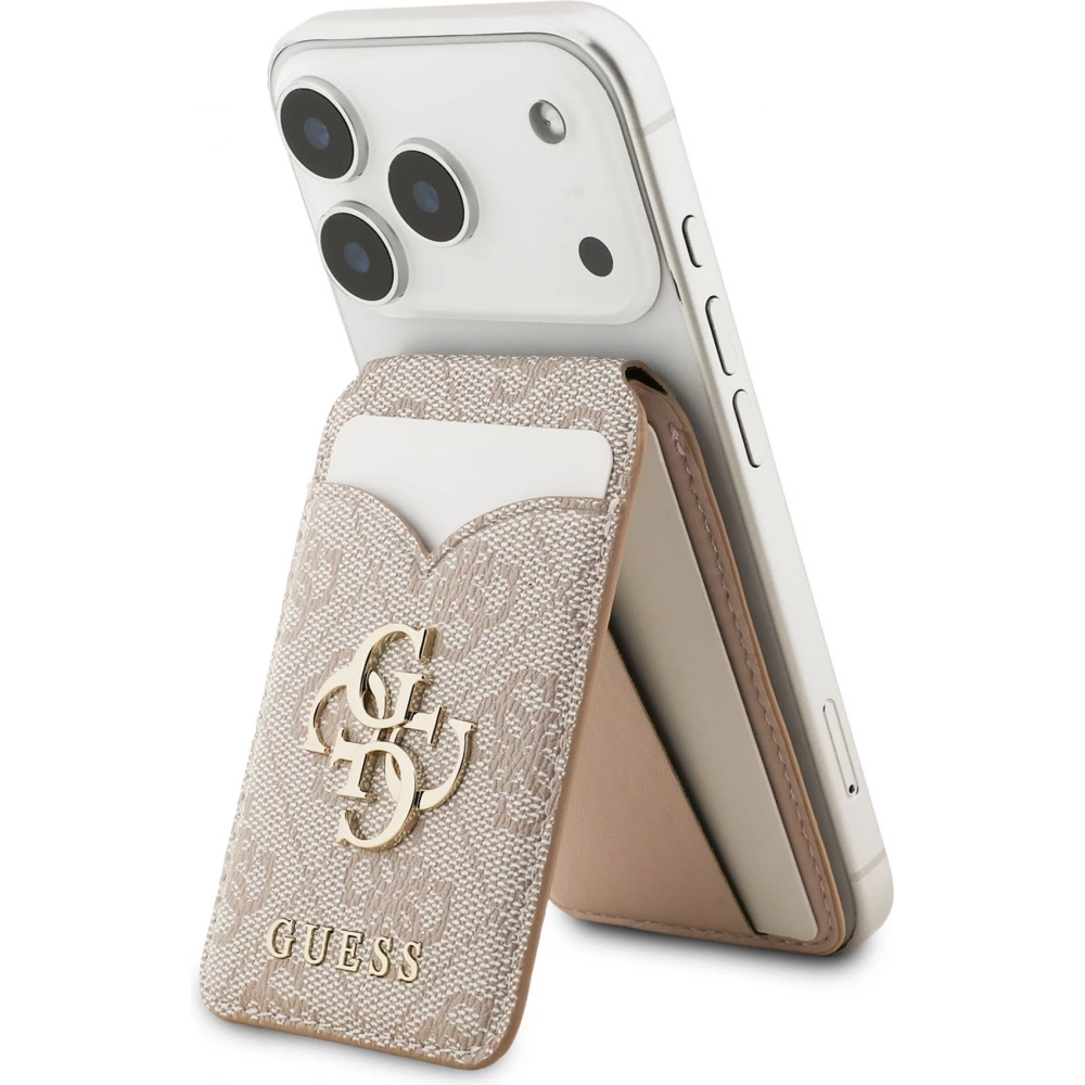 Porte-cartes Guess 4G en m&eacute;tal support MagSafe fonction stand avec miroir - Rose