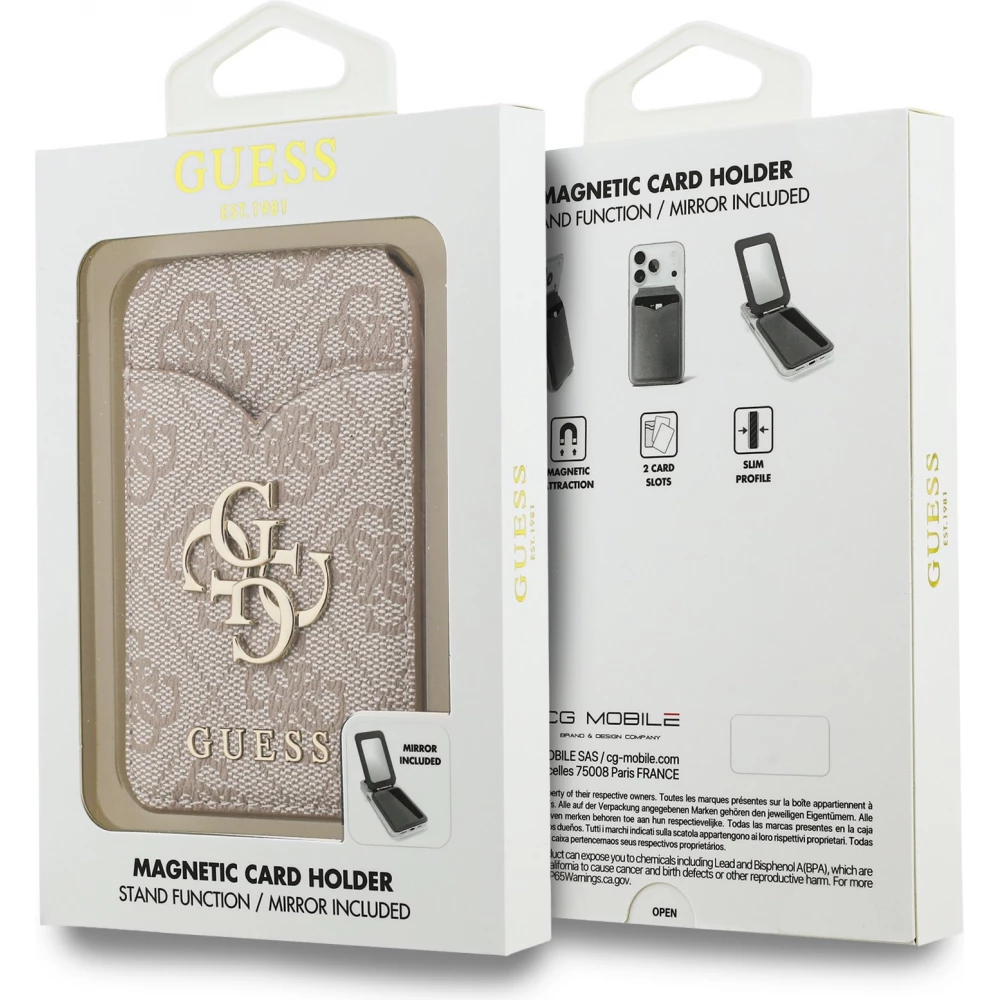 Porte-cartes Guess 4G en m&eacute;tal support MagSafe fonction stand avec miroir - Rose