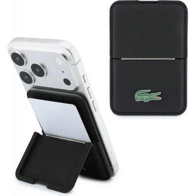 Porte-cartes MagSafe Lacoste PVC Iconic Petit Pique avec support &eacute;l&eacute;gant et pratique - Noir
