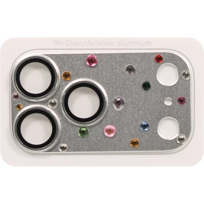 Luxuriöser 3D Kamera-Schutz für mit Strass und gehärtetem Metall-Glas-Rückseite - Silber - iPhone 17 Pro