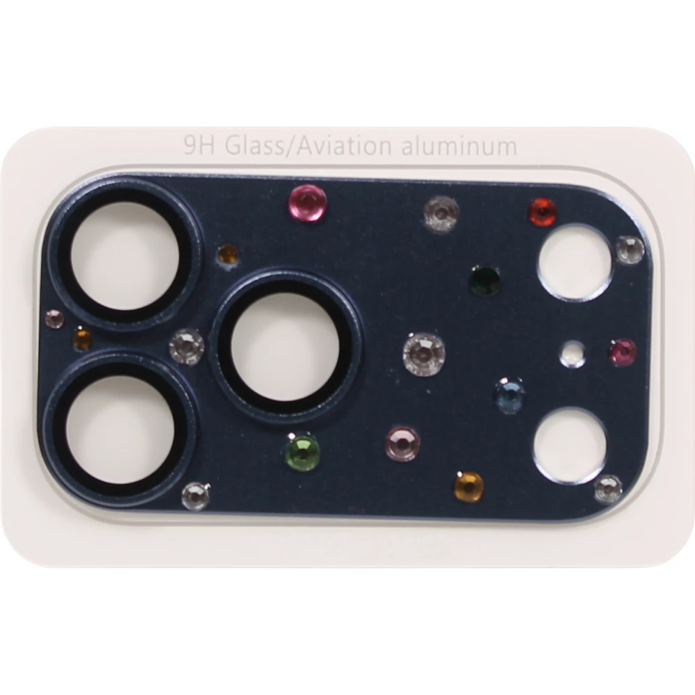 Protection caméra 3D luxe avec strass avec coque d'écran arrière en verre trempé métallique - Bleu - iPhone 17 Pro Max