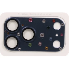 Protection caméra 3D luxe avec strass avec coque d'écran arrière en verre trempé métallique - Bleu - iPhone 17 Pro Max