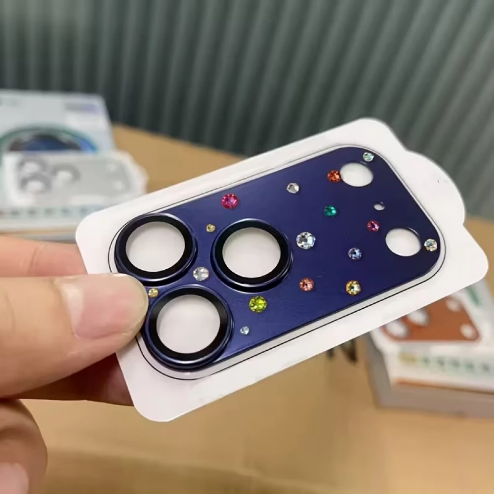 Protection caméra 3D luxe avec strass avec coque d'écran arrière en verre trempé métallique - Bleu - iPhone 17 Pro Max