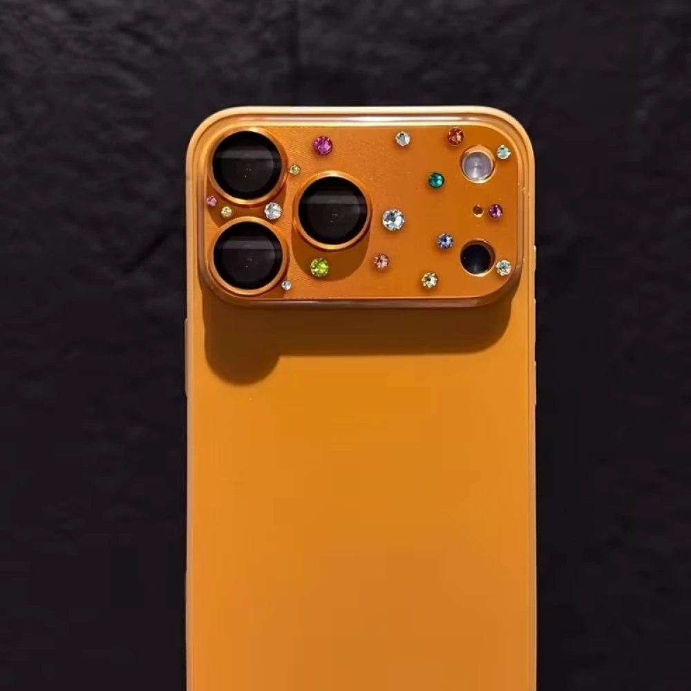 Protection caméra 3D luxe avec strass avec coque d'écran arrière en verre trempé métallique - Bleu - iPhone 17 Pro Max
