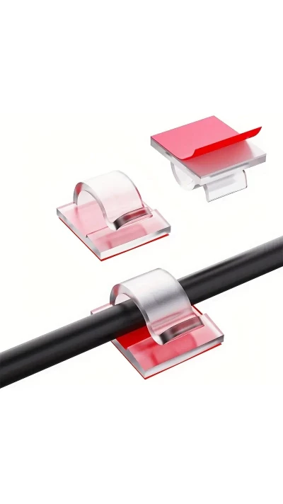 Set 50 clips adh&eacute;sifs passe-c&acirc;bles en plastique avec autocollant fixations murales am&eacute;lior&eacute;es pour gestion de c&acirc;bles - Transparent