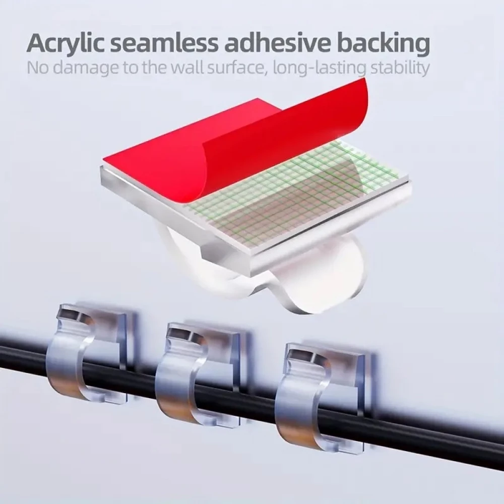 Set 50 clips adh&eacute;sifs passe-c&acirc;bles en plastique avec autocollant fixations murales am&eacute;lior&eacute;es pour gestion de c&acirc;bles - Transparent