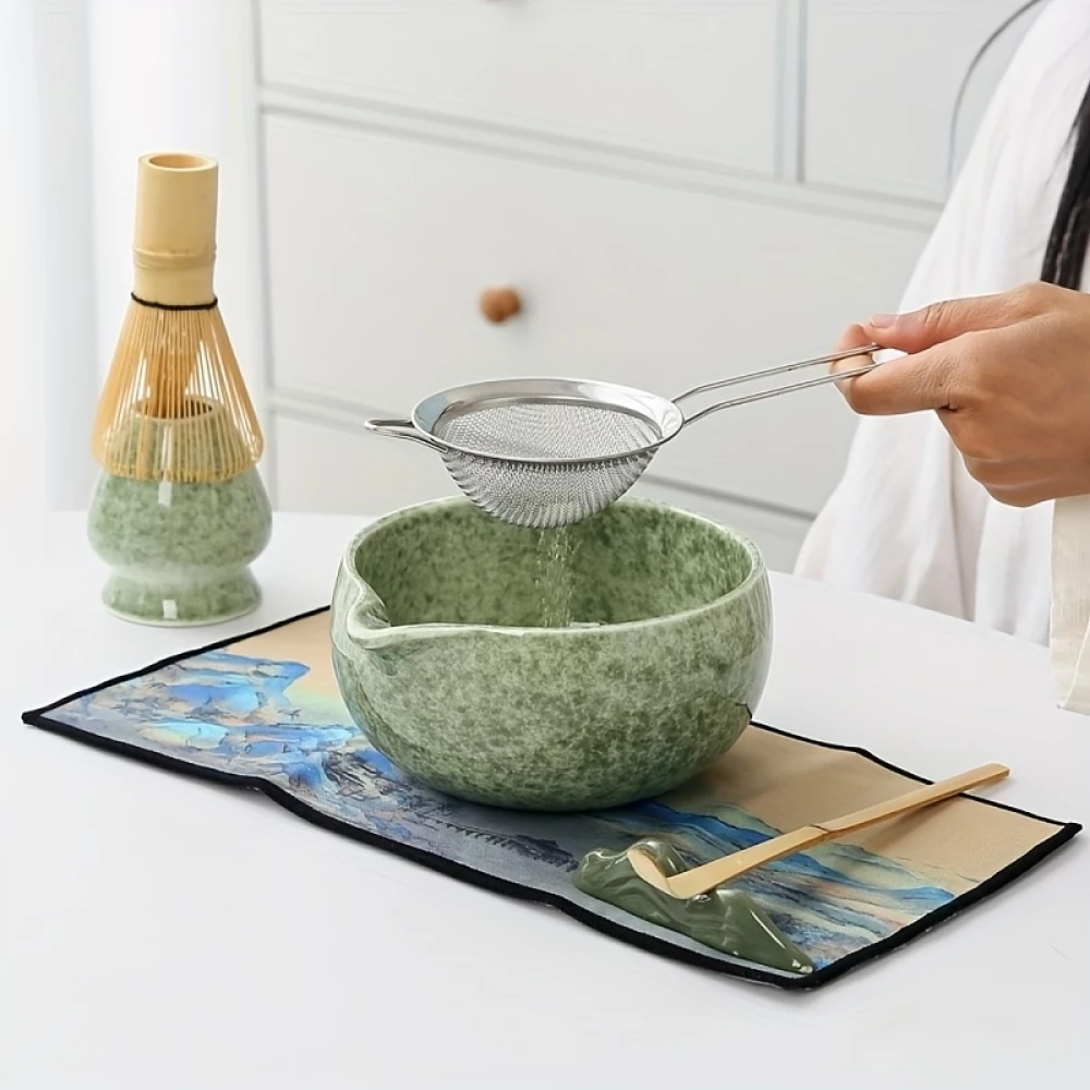 Set de cérémonie pour thé matcha 7 pièces avec fouet en bois (chasen) / support / bol céramique / tapis / accessoires - Vert