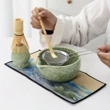 Set de cérémonie pour thé matcha 7 pièces avec fouet en bois (chasen) / support / bol céramique / tapis / accessoires - Vert