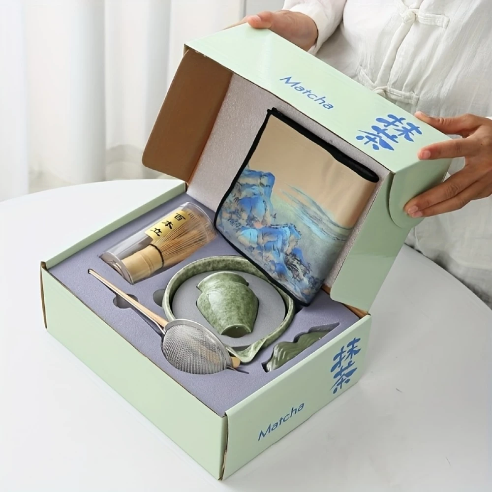 Set de cérémonie pour thé matcha 7 pièces avec fouet en bois (chasen) / support / bol céramique / tapis / accessoires - Vert