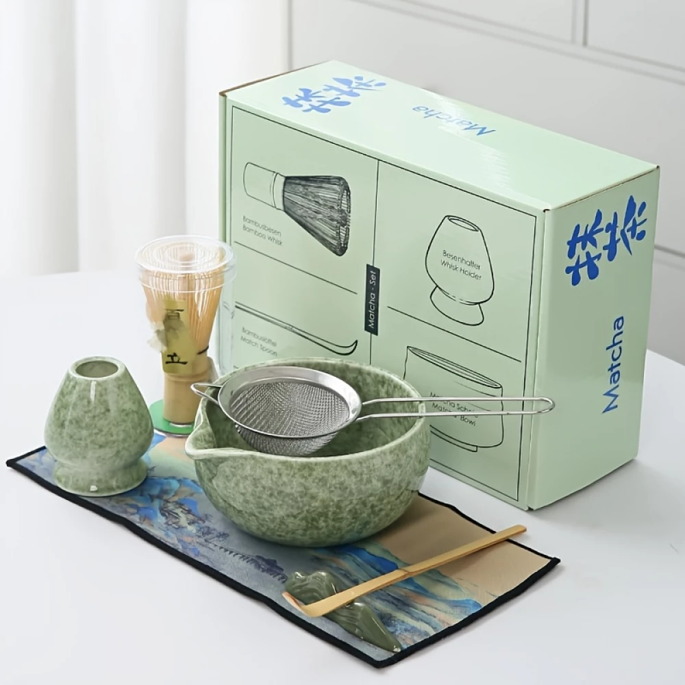 Set de cérémonie pour thé matcha 7 pièces avec fouet en bois (chasen) / support / bol céramique / tapis / accessoires - Vert