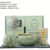 Set de cérémonie pour thé matcha 7 pièces avec fouet en bois (chasen) / support / bol céramique / tapis / accessoires - Vert