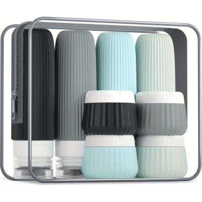 Set de voyage bouteilles en silicone (8 pi&egrave;ces) &eacute;tanches pour cosm&eacute;tiques et hygi&egrave;ne avec sac transparent zipp&eacute; (tubes 90 ml)