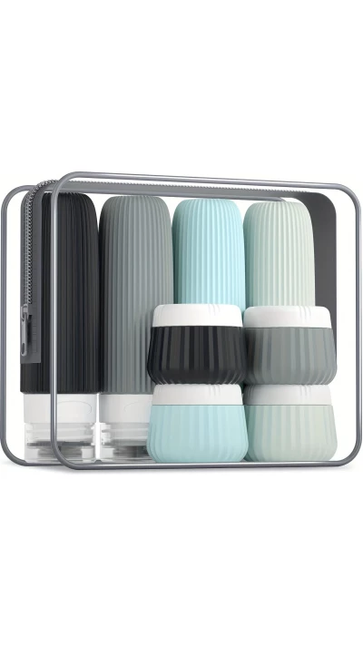 Set de voyage bouteilles en silicone (8 pi&egrave;ces) &eacute;tanches pour cosm&eacute;tiques et hygi&egrave;ne avec sac transparent zipp&eacute; (tubes 90 ml)
