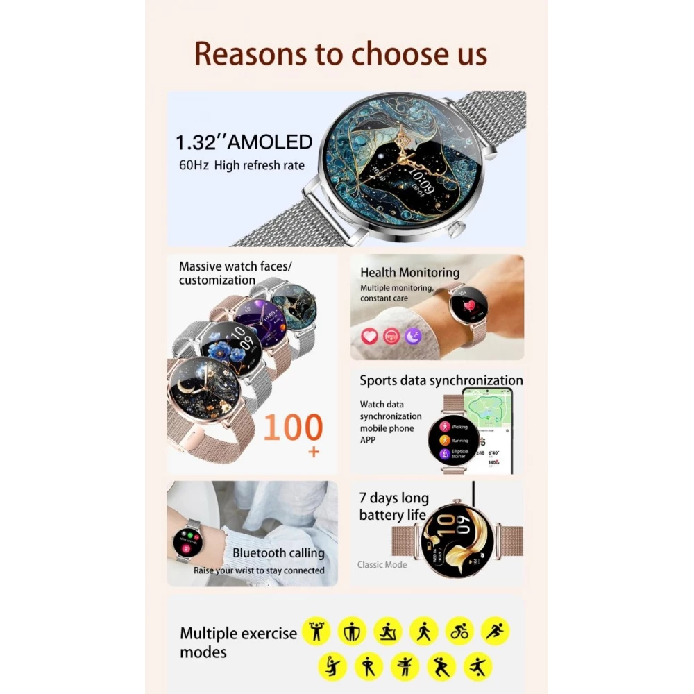 Smart Watch NX21 montre connectée avec écran tactile LED et programmes de sport / fitness / sommeil - Bracelet milanais - Argent