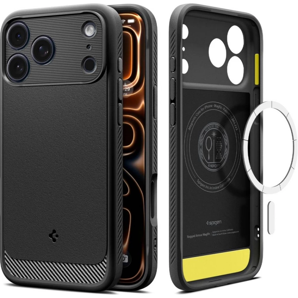 iPhone 17 Pro Case H&uuml;lle - Spigen Rugged Armor MagFit MagSafe kompatibel robust und langlebig - Schwarz