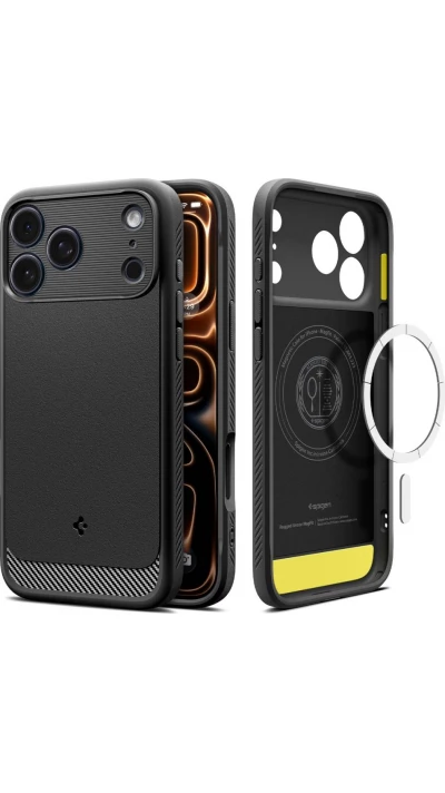 Coque iPhone 17 Pro - Spigen Rugged Armor MagFit compatible MagSafe r&eacute;sistante et durable - Noir