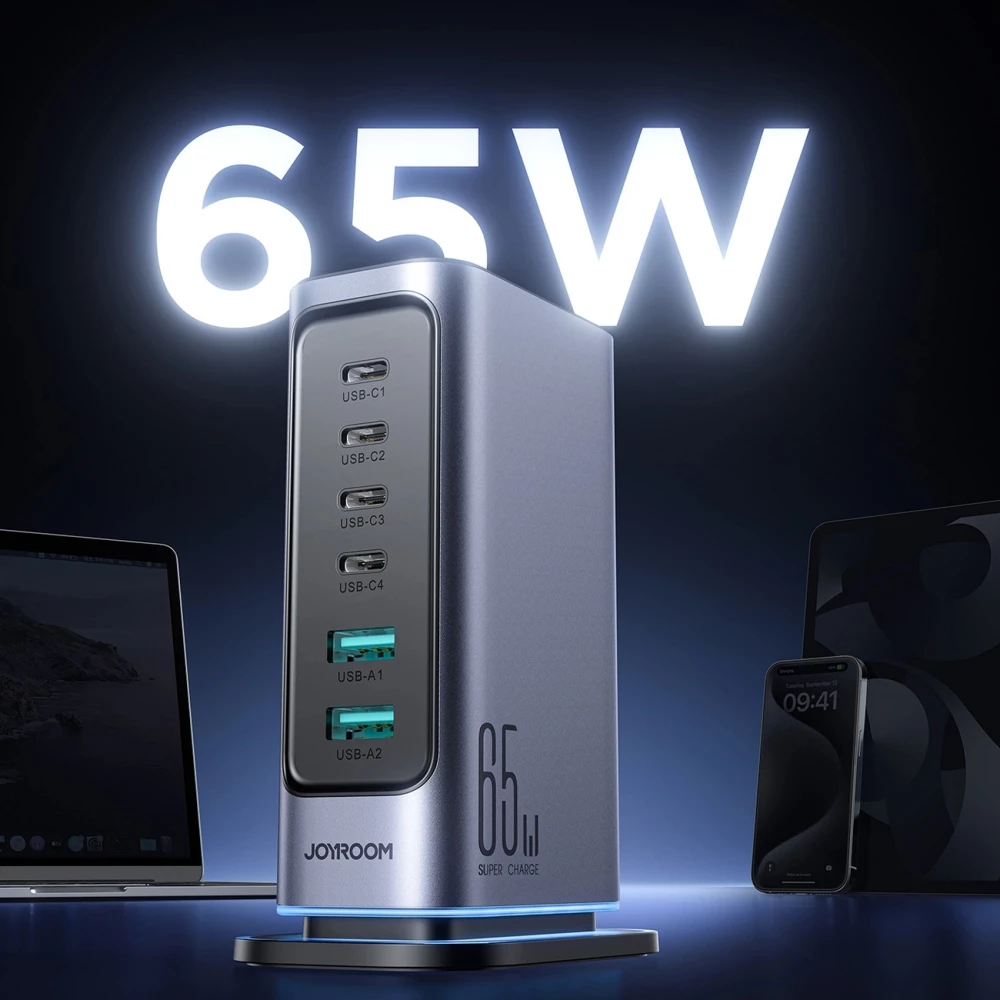 Station de charge GaN 65W Joyroom JR-TCM02 multi-ports 4x USB-C / 2x USB-A - Gris