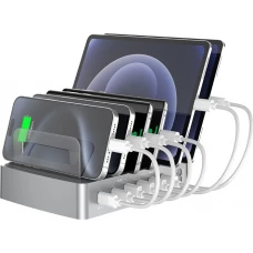 Universelles 72W Multi-Telefon-Ladestation - Schneller Multi-Port-Ladegerät mit 2x Typ-C, 4x USB, DC und AC für Smartphones, Tablets mit Halterung - Silber