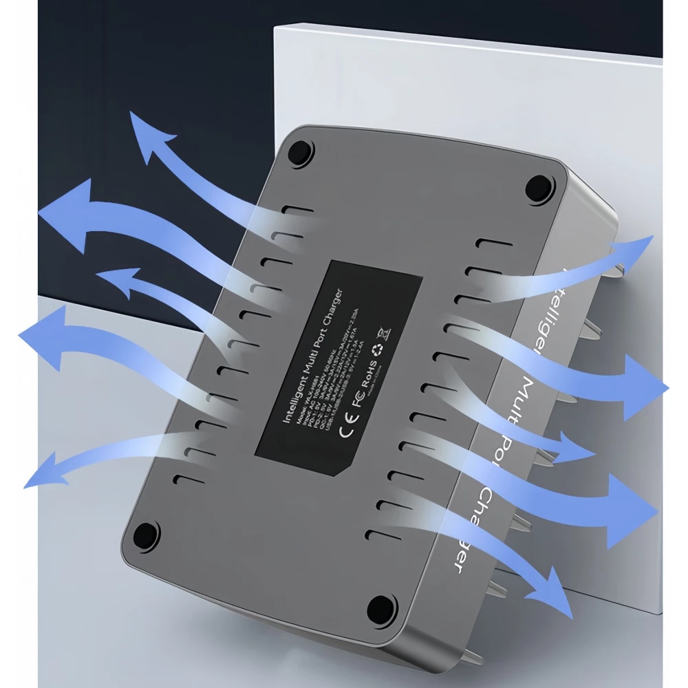 Universelles 72W Multi-Telefon-Ladestation - Schneller Multi-Port-Ladegerät mit 2x Typ-C, 4x USB, DC und AC für Smartphones, Tablets mit Halterung - Silber