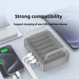 Universelles 72W Multi-Telefon-Ladestation - Schneller Multi-Port-Ladegerät mit 2x Typ-C, 4x USB, DC und AC für Smartphones, Tablets mit Halterung - Silber