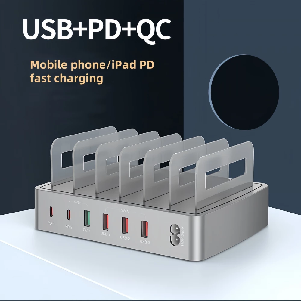 Universelles 72W Multi-Telefon-Ladestation - Schneller Multi-Port-Ladegerät mit 2x Typ-C, 4x USB, DC und AC für Smartphones, Tablets mit Halterung - Silber