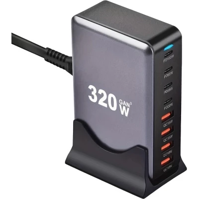 Station de charge rapide 320W Hub GaN III USB-C 8 ports pour ordinateurs/tablettes/téléphone avec prise CH/EU - Gris