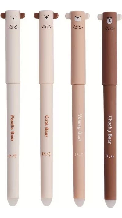 Stylos gel effa&ccedil;ables bleus motif ours pour &eacute;cole/bureau (lot de 4 pi&egrave;ces) - Brun