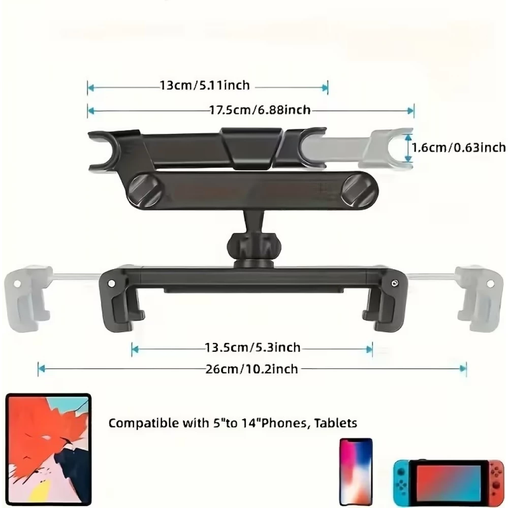 Support tablette/téléphone pour voiture appui-tête compatible avec différents appareils de 11,94 à 32,77cm - Noir