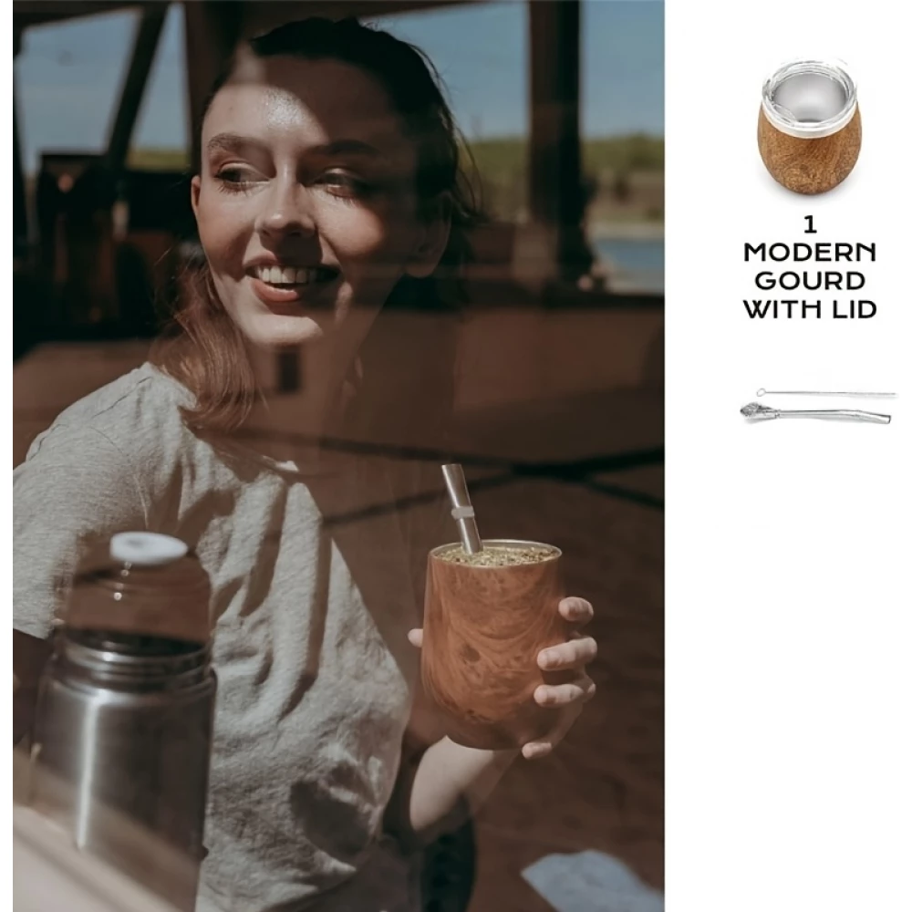 Yerba Mate Tasse Kit 250 ml mit Bombilla, Deckel, Strohhalm & Reinigungsbürste - Holz