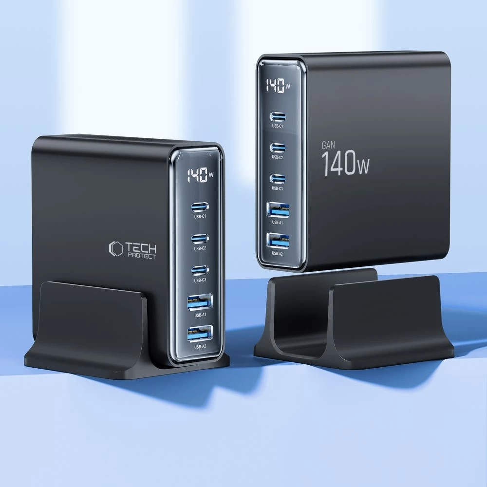 Tech-Protect DC140W-GAN Station de charge multiport avec 5 ports 3x PD USB-C et 2x QC 3.0 USB-A - Noir