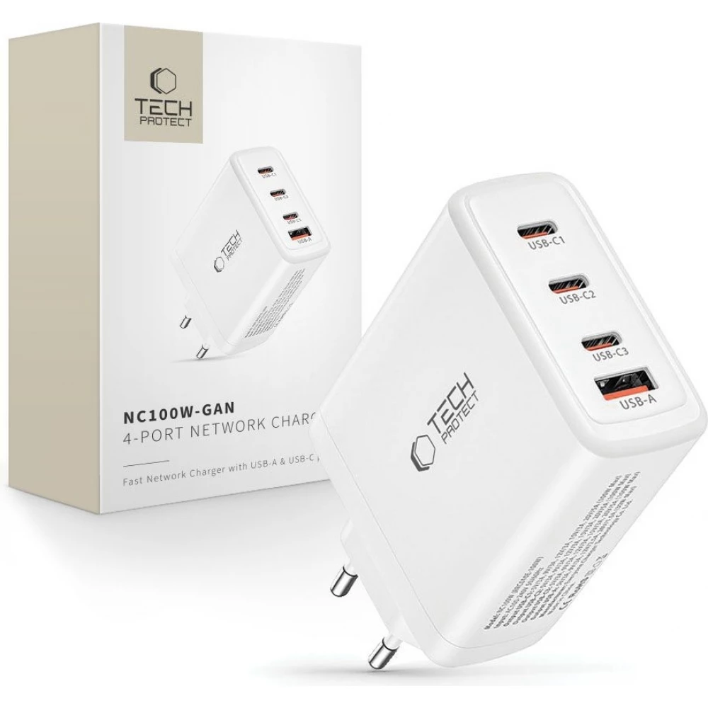 Tech-Protect NC100W-GAN chargeur 100W 3x USB-C PD / USB-A QC 3.0 - Blanc