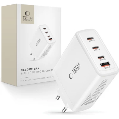 Tech-Protect NC100W-GAN chargeur 100W 3x USB-C PD / USB-A QC 3.0 - Blanc