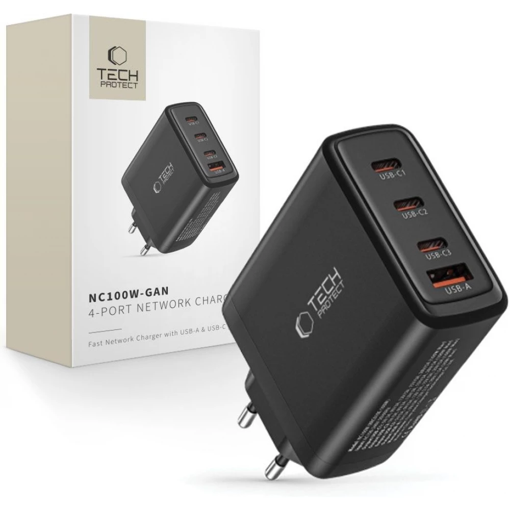 Tech-Protect NC100W-GAN chargeur 100W 3x USB-C PD / USB-A QC 3.0 - Noir