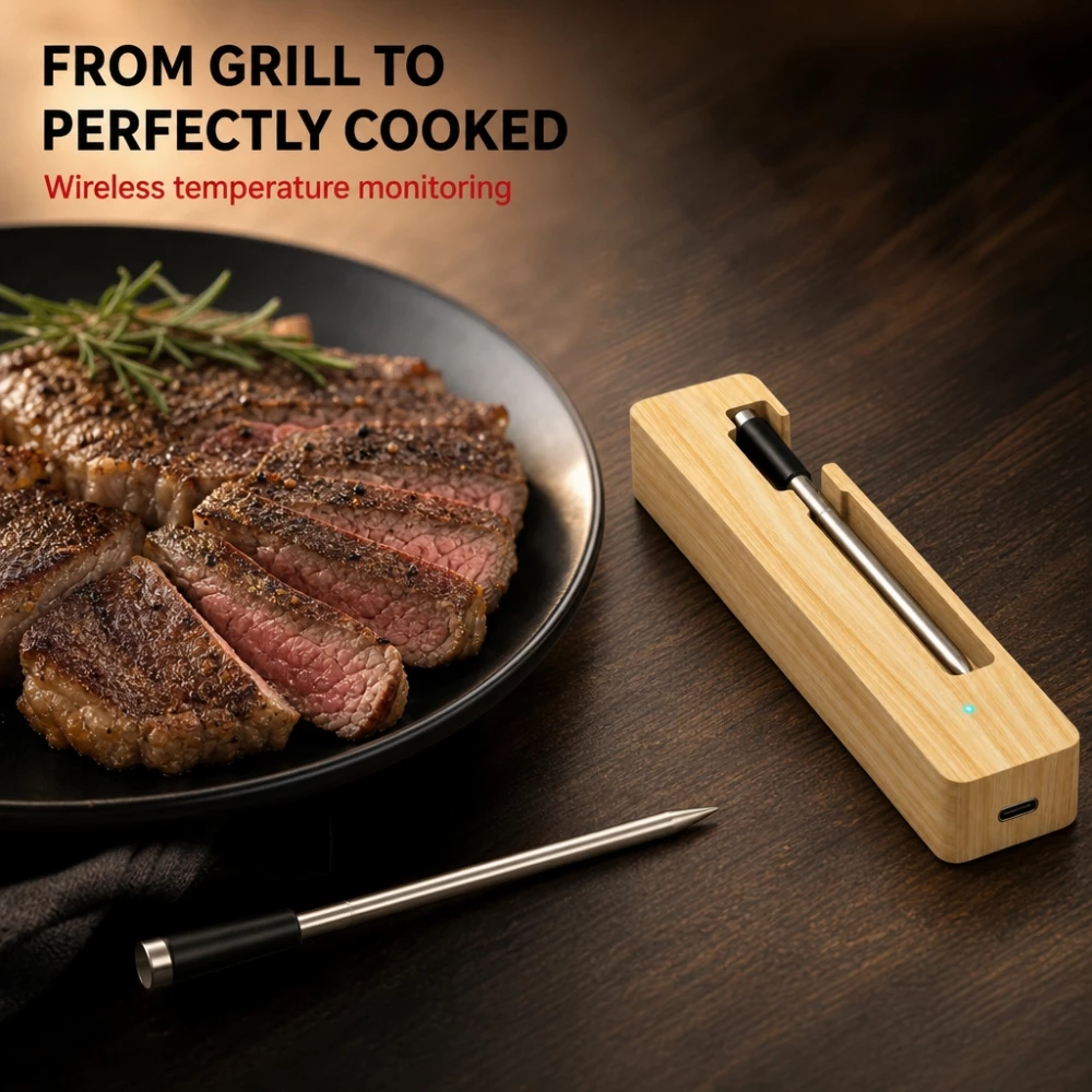Thermom&egrave;tre &agrave; viande sans fil Bluetooth pour barbecue avec application iOS et Android -  Argent