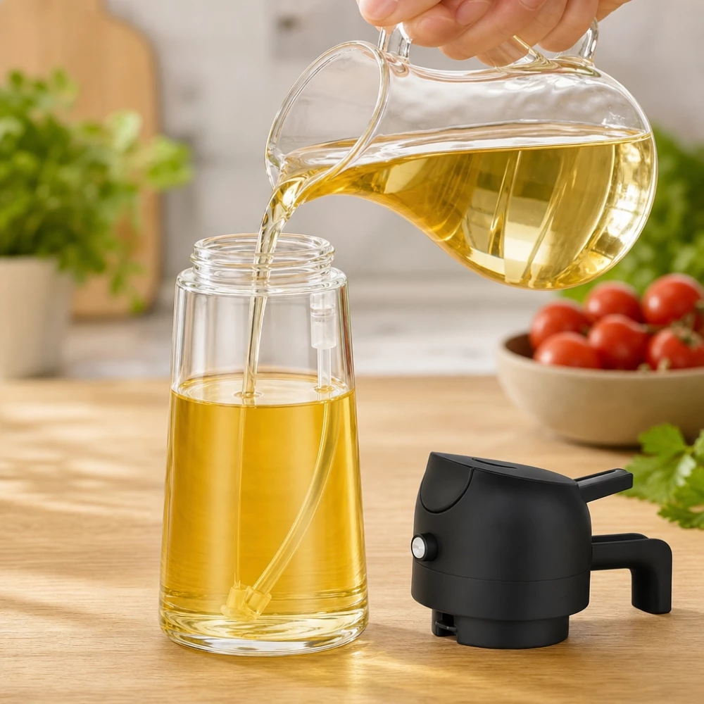 Vaporisateur et distributeur d'huile 2 en 1 en verre (470 ml) - Noir